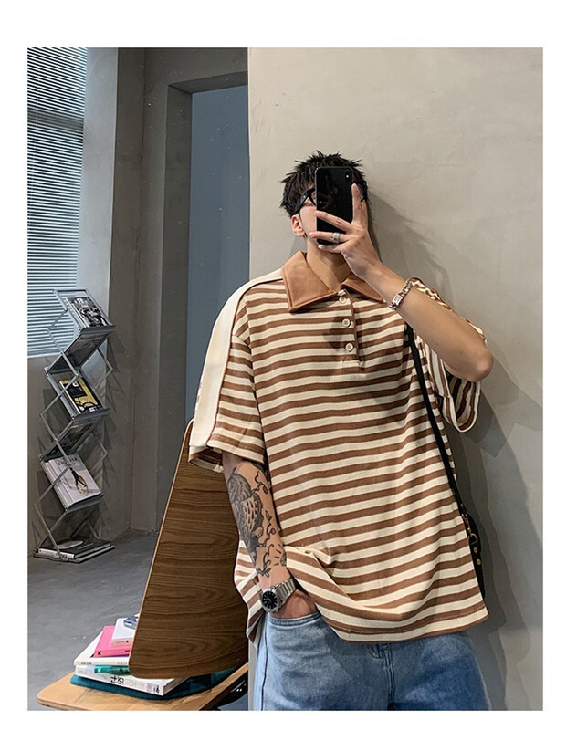New in early summer! [young] loose stripe versatile half breasted Polo 1035# ZZL