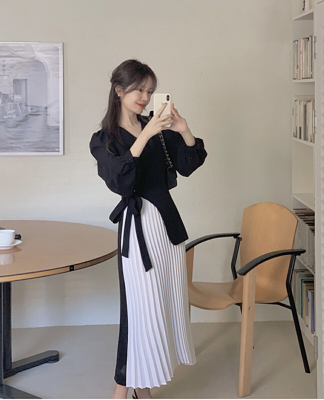 New year in early spring! [timely rain] Han Feng ins loose and thin, pleated color matching suit dress af2178# YYW