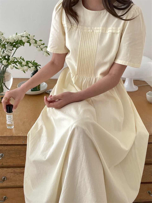 goods in stock! [next station] Korean solid color waist closing bubble sleeve dress 22209# ZSY