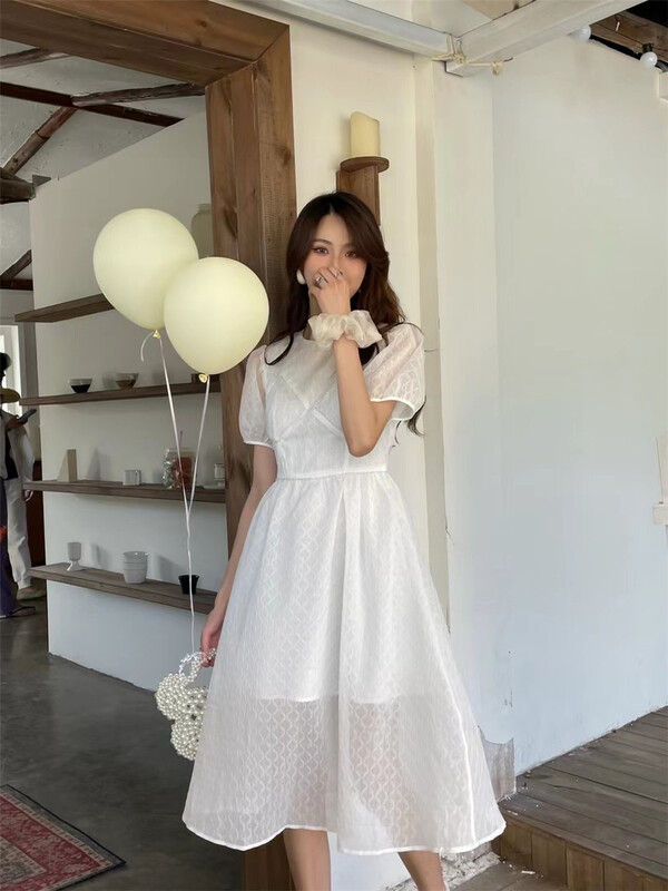 [ejobas] French Style Bubble Sleeve round neck dress a9160# zxx