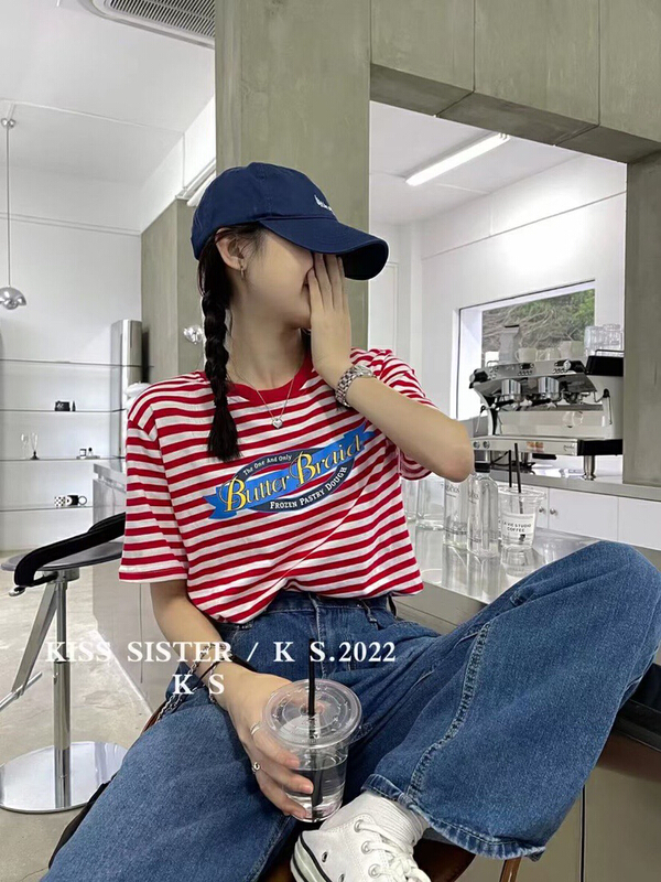 [HH] Korean Pullover comfortable stripe letter printed short sleeve T-shirt 6681# L