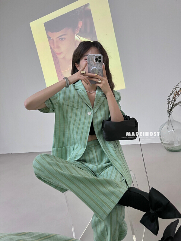 New in early summer! [OSHA madeinost] Vintage stripe fashion short sleeve thin suit 86267# ll