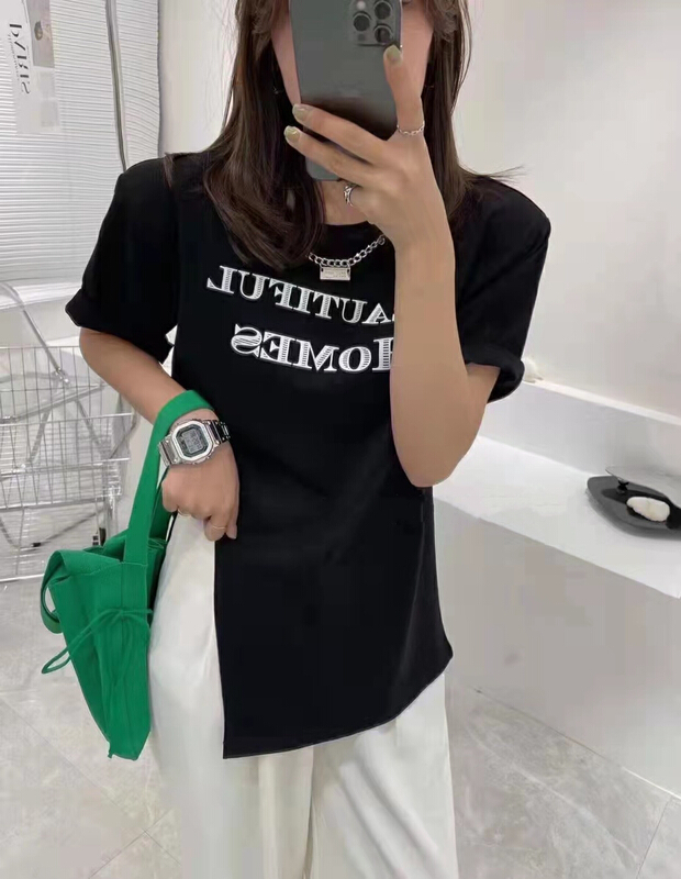 New in early summer! [September] Korean alphabet printed split shoulder pad round neck short sleeve T-shirt ys2-66109# ozq