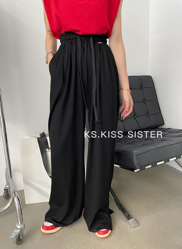 [KS] slit slim elastic waist casual pants (with waist rope) 22132# ozq