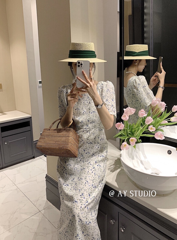 [ay studio] Korean Ladies' square neck short sleeved floral dress (only dresses) ys1-66713# zxx