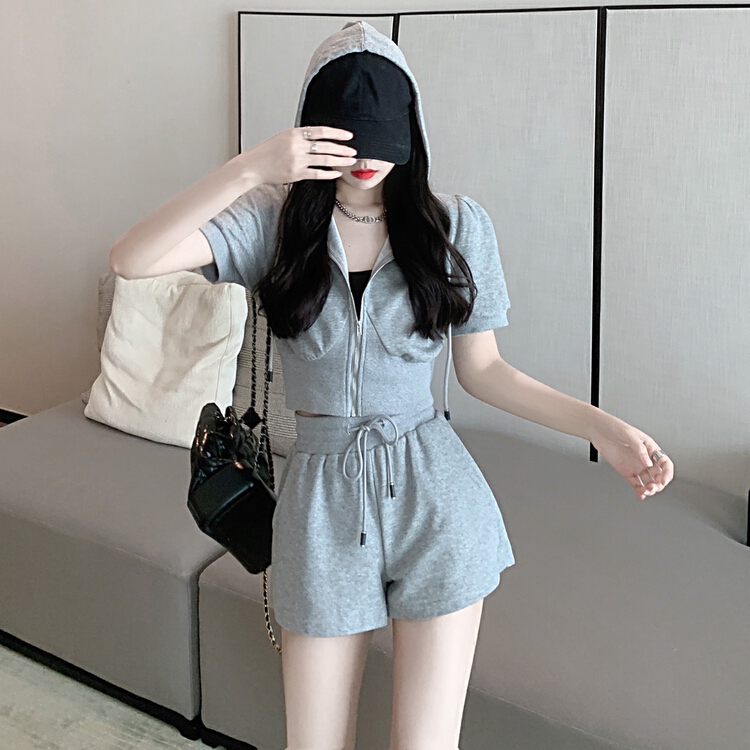 [top] casual hooded zipper jacket + elastic waist casual shorts two piece suit a365# ZSY
