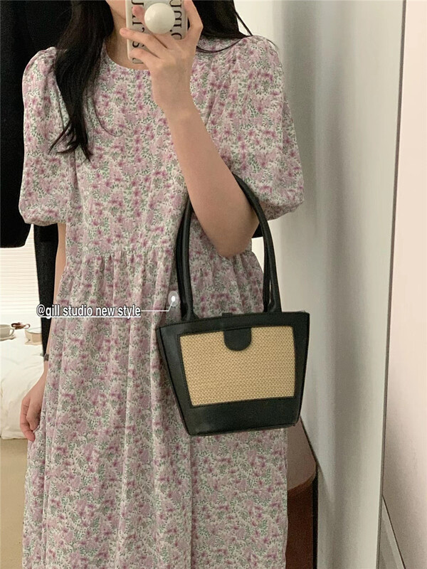 [gill] Korean style bubble sleeve floral loose dress 6030# zjy