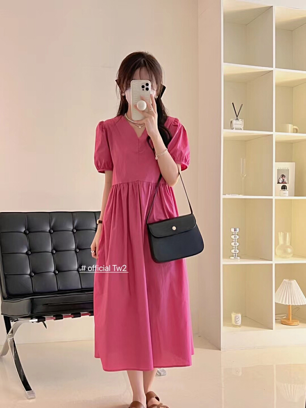 [TW2] simple V-neck bubble sleeve loose dress (with waist rope) 15273# HBx