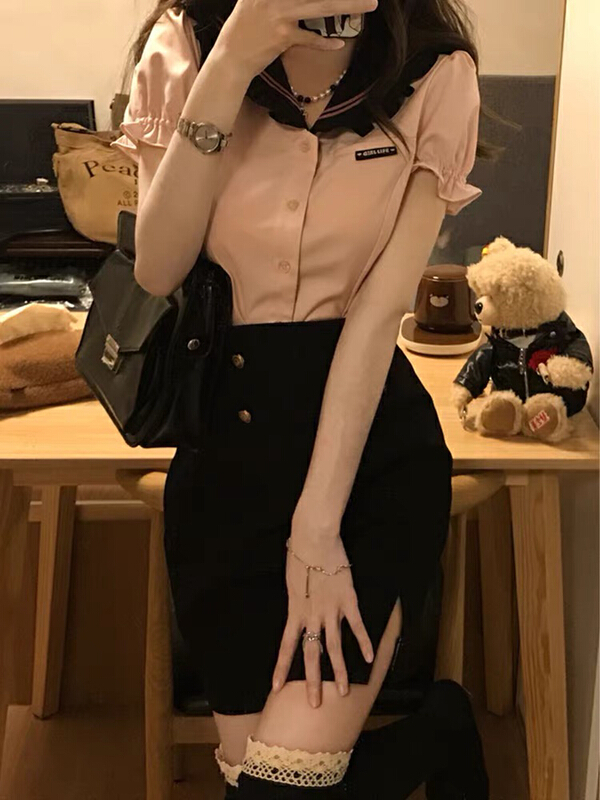 [Huaxi] sweetheart Spice Girl Navy collar shirt + High Waist Hip Wrap Skirt Suit 9073# PCZ