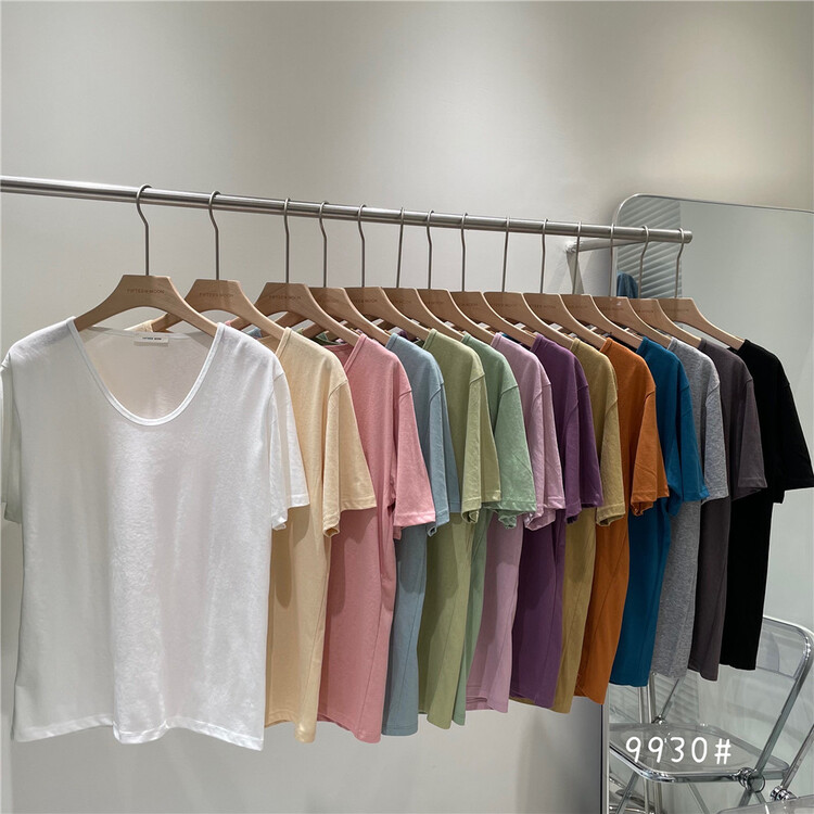 New year in early spring! [fifth moon] simple solid color versatile Pullover comfortable short sleeve T-shirt 9930# CLS