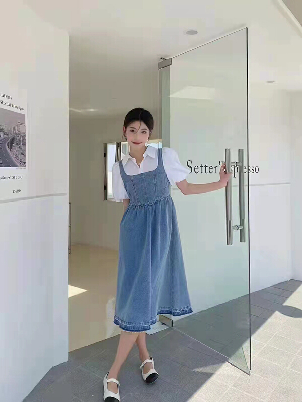 goods in stock! [vast charm] Korean fake two piece design bubble sleeve dress 5852# CLS