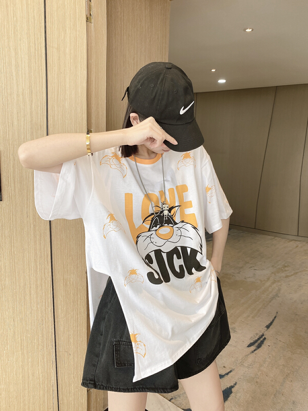 Original price 21.30! [CC] Korean color blocking cartoon printing split design loose short sleeve T-shirt 022# XYY