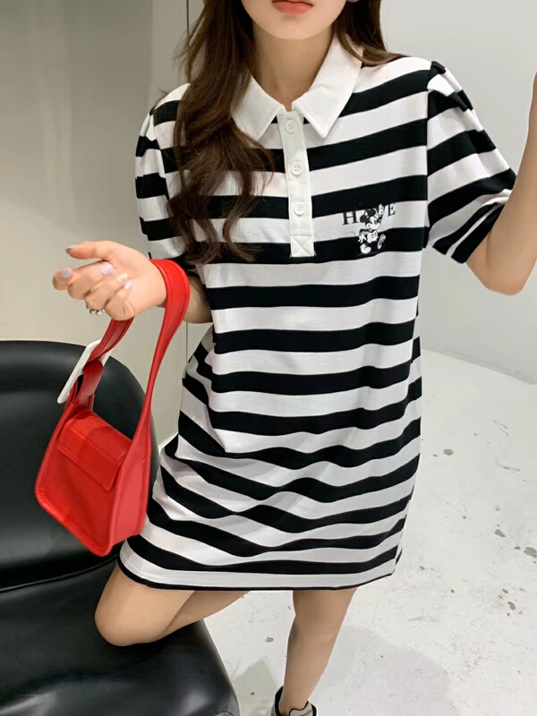 Four colors! [Gu Wan] Korean striped Mickey polo collar dress 5601# zxx