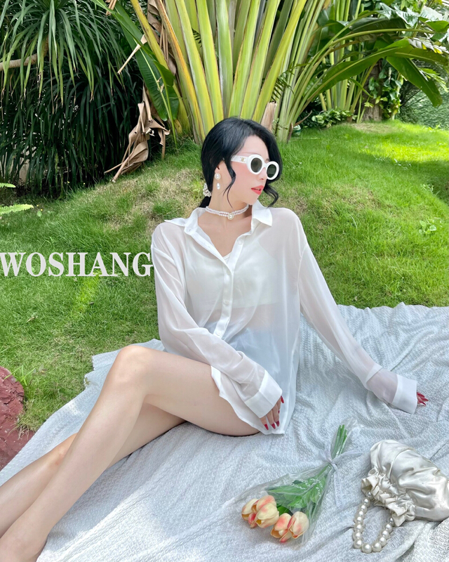 [woshang] ice silk solid color simple shirt (with detachable pearl chain) a17-1# XYJ