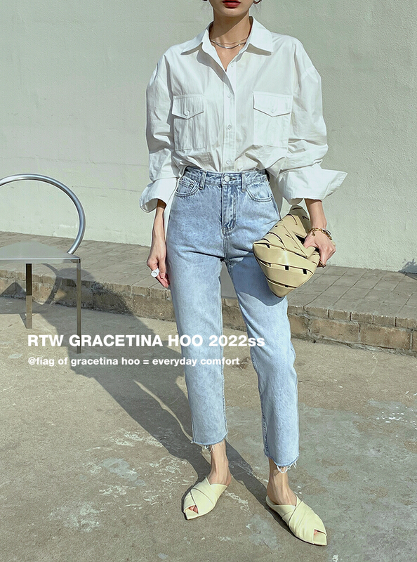 現貨!早春上新!【GRACETINA HOO】高腰顯瘦百搭毛邊牛仔褲  N170#  ZXL