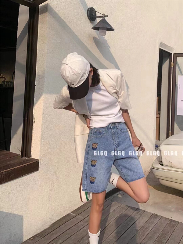 New in early summer! [weird] bear embroidered Korean jeans k6256# LSW