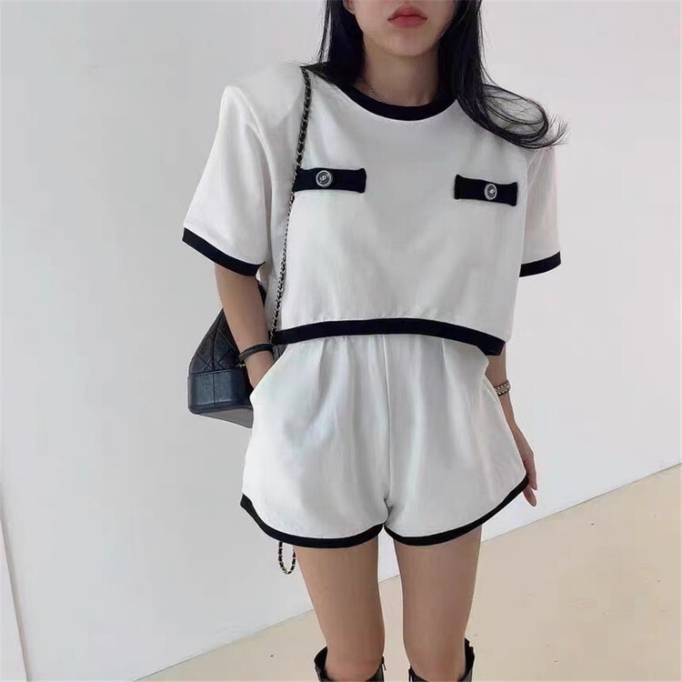 [lucky. Bibi] niche contrast loose short sleeve T-shirt + sports shorts two piece suit ys1-992# cqw