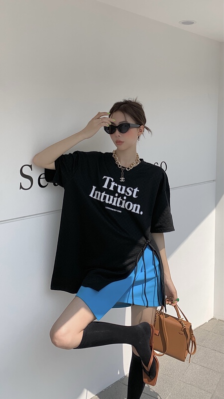 New in early summer! [our] Plaid printed split hand knot short sleeve T-shirt 8638# LSW