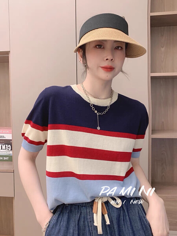[pamini] colorful striped ice silk fashion foreign style short sleeved sweater 22140# Cl