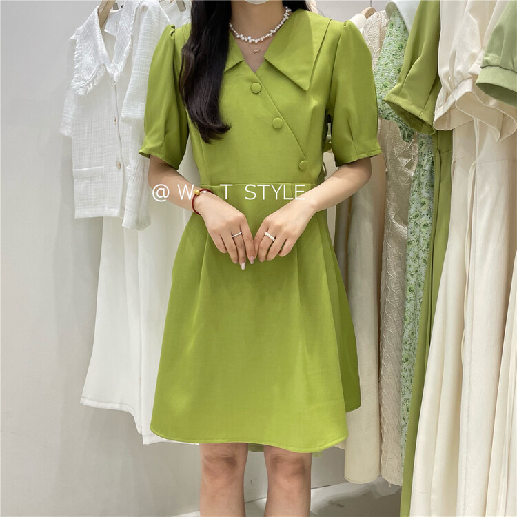 [wt] fashion temperament irregular diagonal button dress 6100# HBx