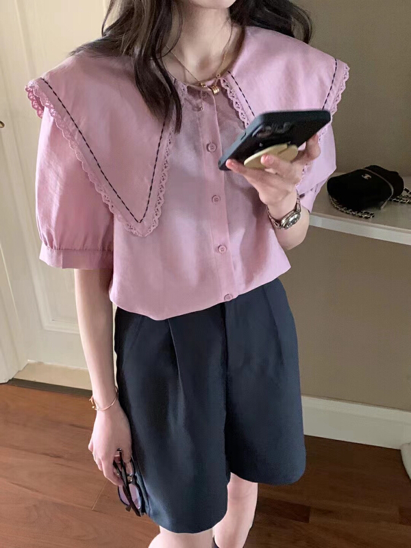 goods in stock! New in early summer! [xiaokoujia] Korean Navy collar button up shirt 80388# WTT