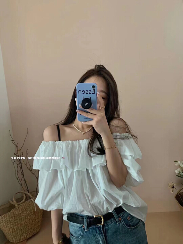 [C oni] summer outing blue one shoulder versatile small shirt c223-3551# HLL