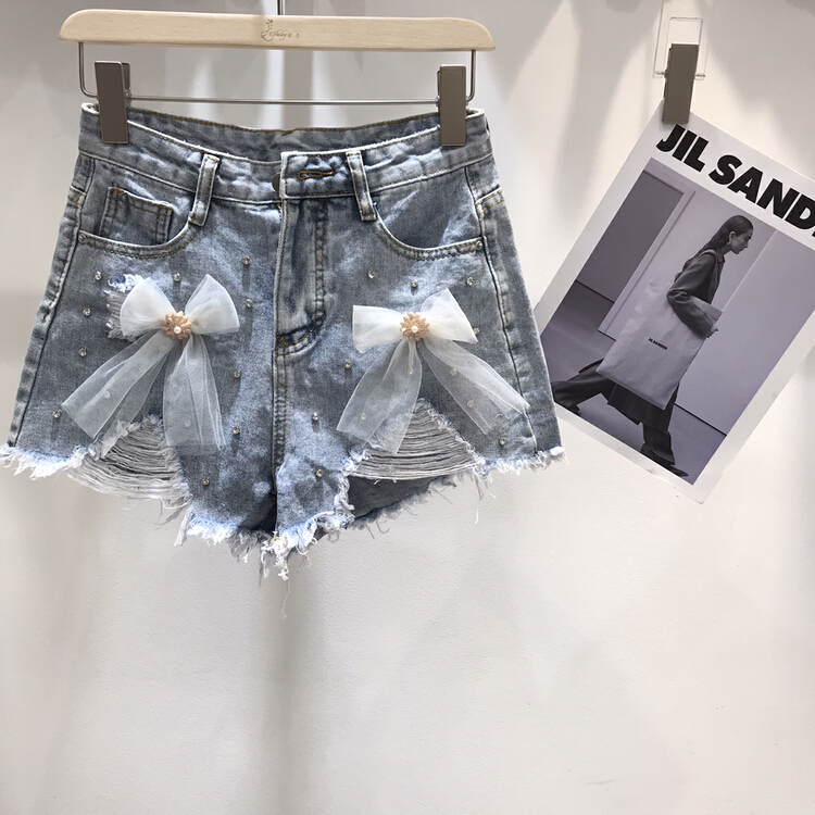 [Dan Ling] Vintage worn nail bead bow knot denim shorts 1090# PCZ