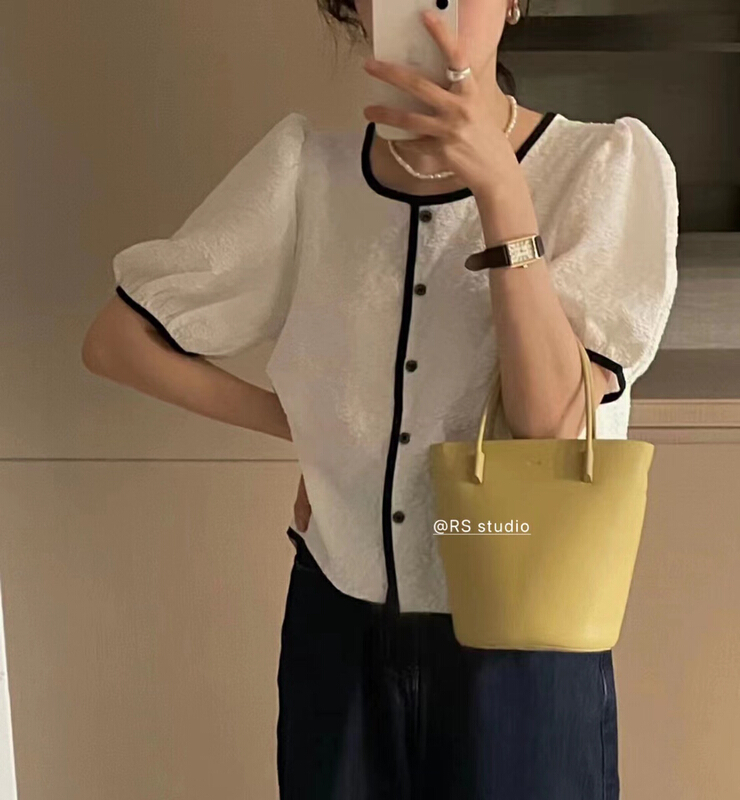 [RS] Korean color contrast lace Tencel button up blouse rs2008# XYY