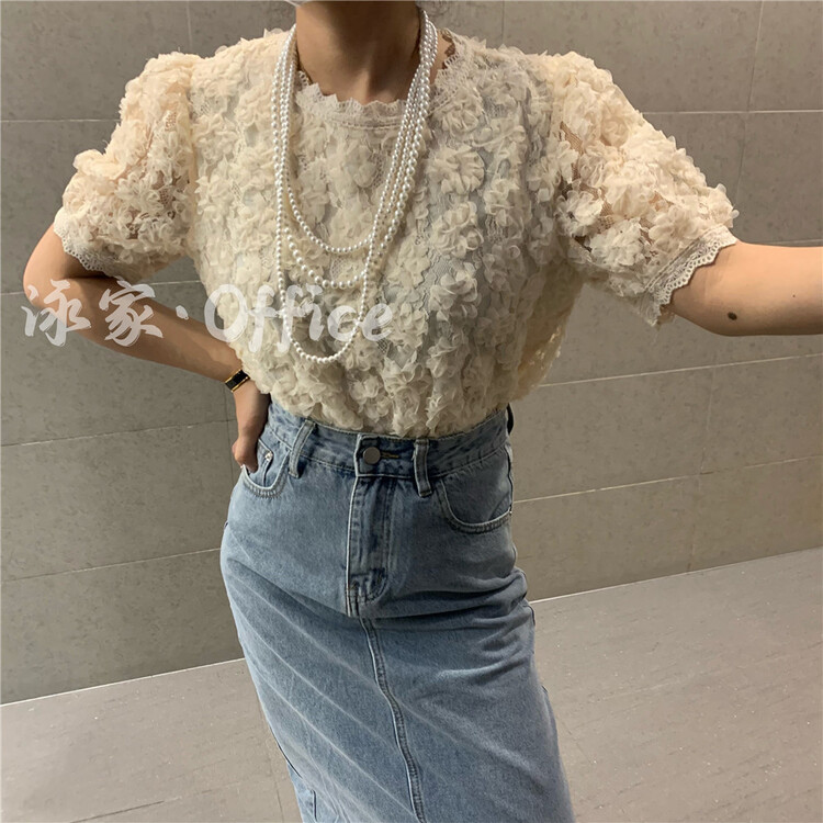New in early summer! [Yong swimmer] three dimensional flower short sleeve pullover shirt 957# WTT