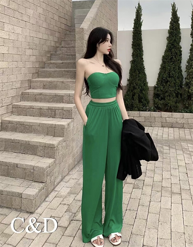 New in early summer! [C & D] simple solid color short bra + versatile comfortable solid color casual pants set 2251# JJ