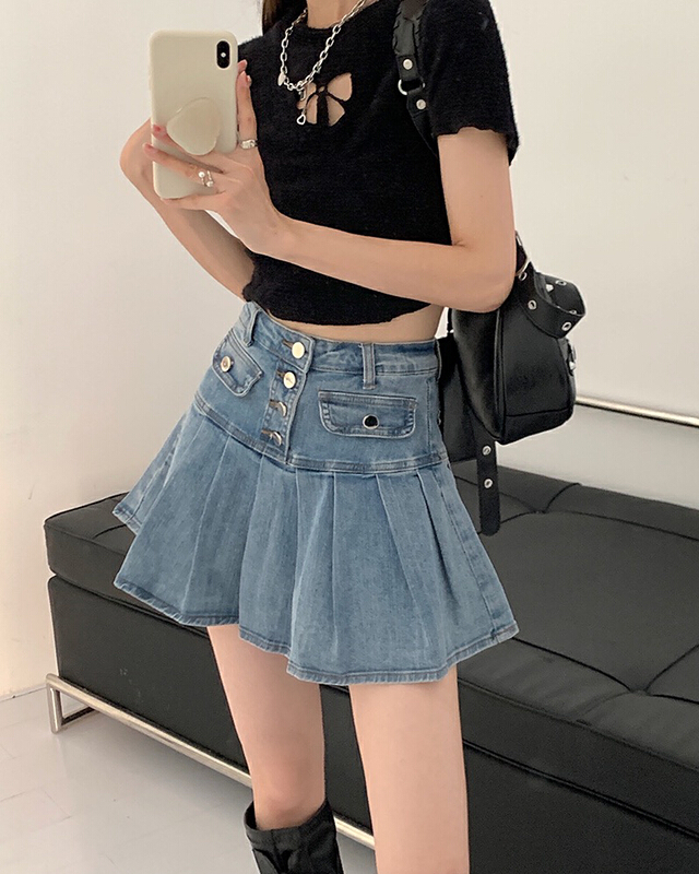 New in early summer! [timely rain] Han Feng ins sweet and spicy pleats show thin high waist design, ruffled denim skirt ((safety pants)) 77701# WPL
