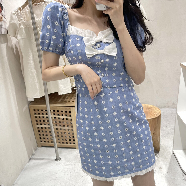 [NC editorial n (new color] Korean style small fragrant style square neck shirt + A-shaped skirt set q9262# zxx