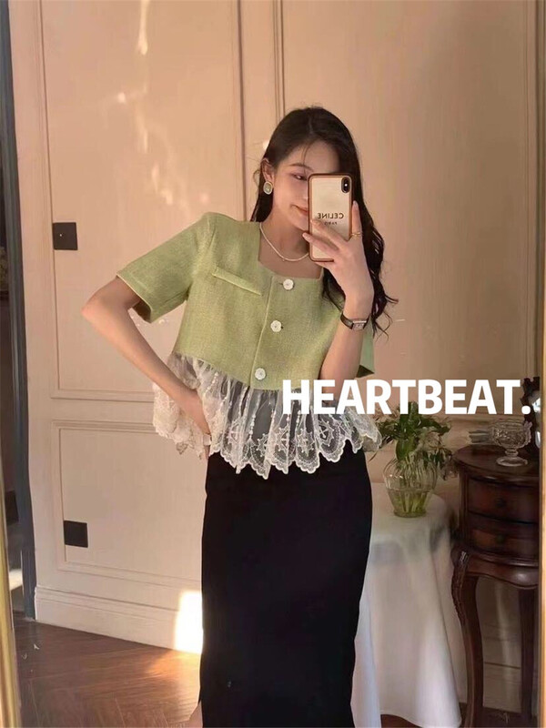 [hearteat] temperament square neck stitching shirt 516# PCZ
