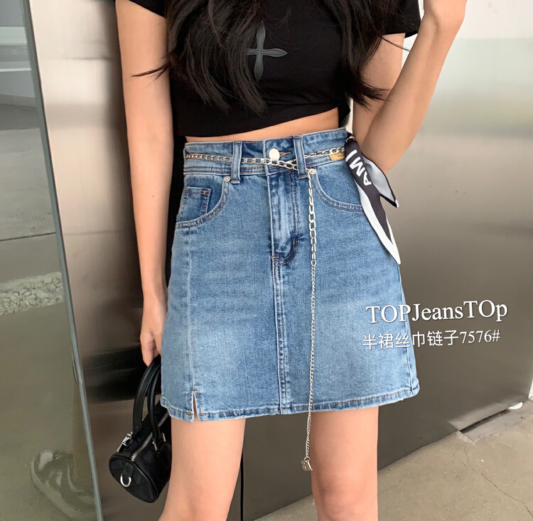 New in early summer! [top] Korean elastic slim skirt (with silk scarf) 7576-2# XJ