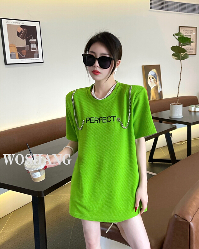 New in early summer! [woshang woshang] Korean minority round neck Pullover letter short sleeve T-shirt (detachable with chain) 1207# XYJ