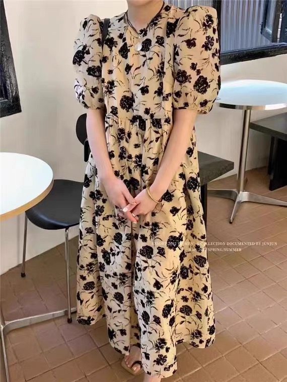 goods in stock! New in early summer! [East room] Vintage back lace up floral crimp Pullover dress 9169# WTT