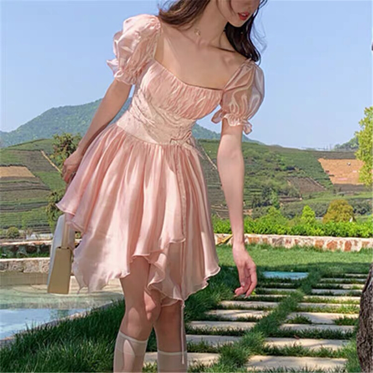[Yingying new clothes] sweet square neck, waist closed, slim temperament, stitched dress 7538# Cl