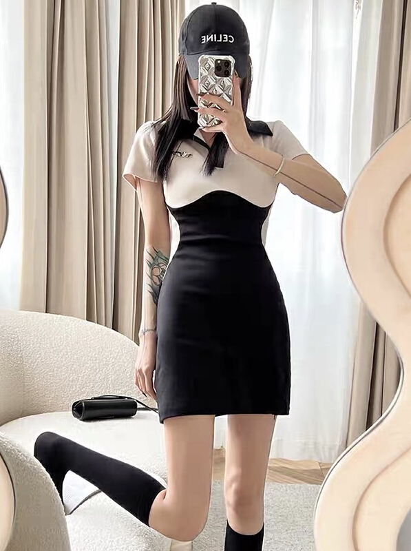 New in early summer! [Amanda] hot girl waist closing contrast dress 9253# PCZ