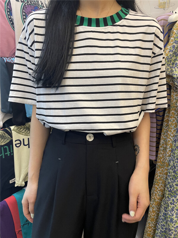 [rich Papa] contrast classic stripe loose short sleeve T-shirt 274# zxx