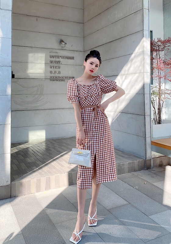 goods in stock! [Si Xuan] Korean personalized elegant Plaid Dress (with waist rope) 220225# JJ