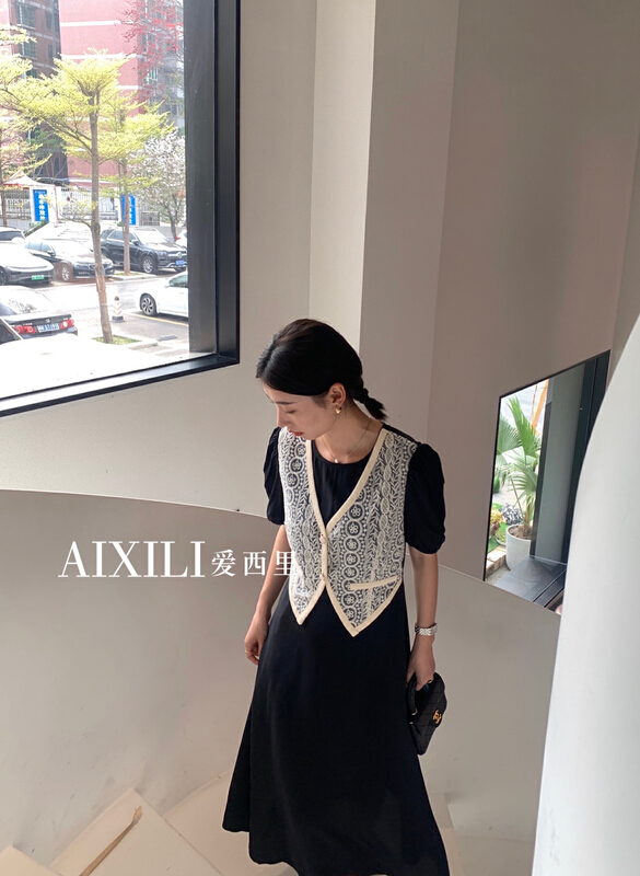 New in early summer! [aixili aisili] fashion temperament color blocking medium length dress 6119-1# WPL