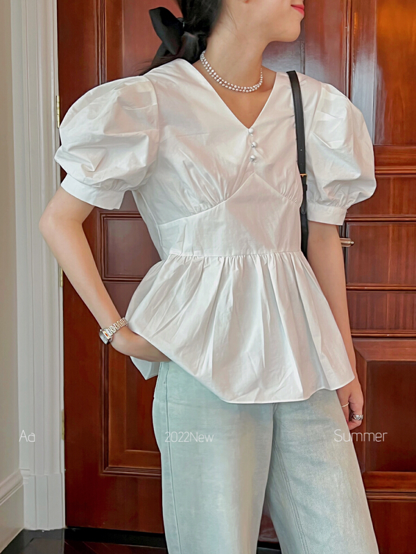 [AA studio] elegant V-neck bubble sleeve waist small shirt 3293-1# WPL