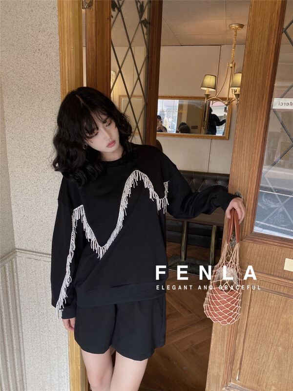 [fenla] design sense heavy industrial bead chain tassel long sleeve T-shirt 69621# jhy