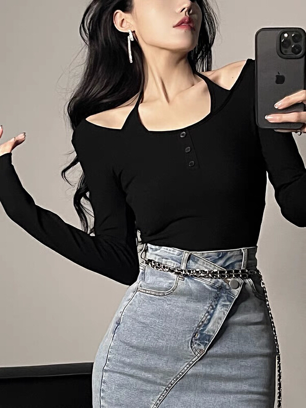 [jun.t] design sense herringbone collar Top + denim split Hip Wrap Skirt Set (with waist rope) 5877# PCZ