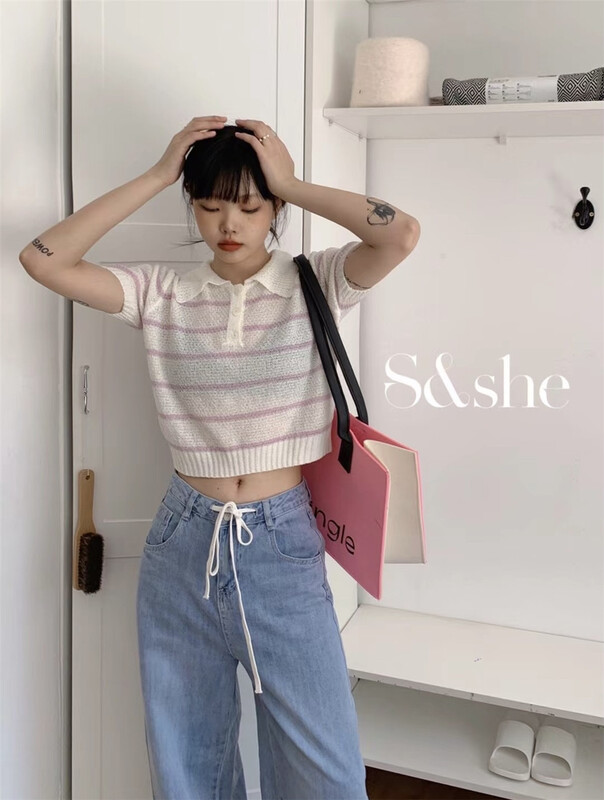 [she] simple stripe Knitted Blouse 1191a# XJ