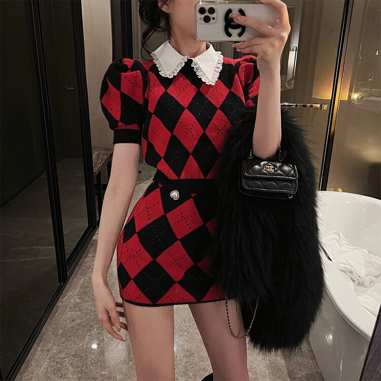New year in early spring! [RM. HH] checkerboard bubble sleeve Lapel sweater + High Waist Skirt Set (detachable collar) 221# ozq