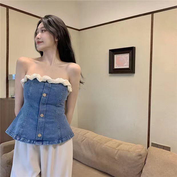 初夏上新！【NANCY】復古百搭雲朵邊一字肩牛仔抹胸背心  49#  WPL