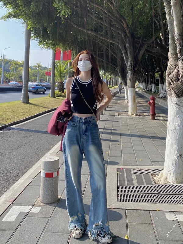 [wut / N Cola] Korean version of high waist loose mop rough design jeans ys1-9902# LSL
