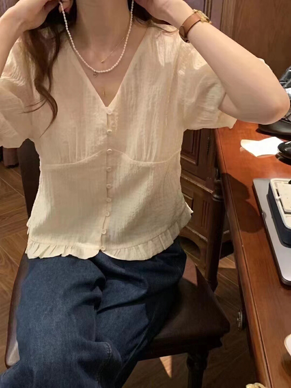 New in early summer! [love] V-neck thin pleated fungus edge blouse s1236# HBx