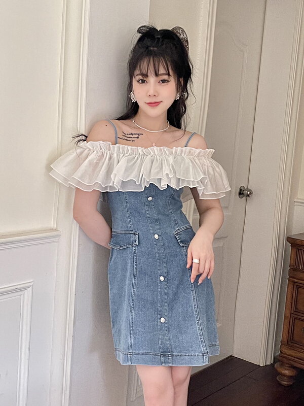 [mi2] French style one shoulder stitched denim dress e9304# JJ
